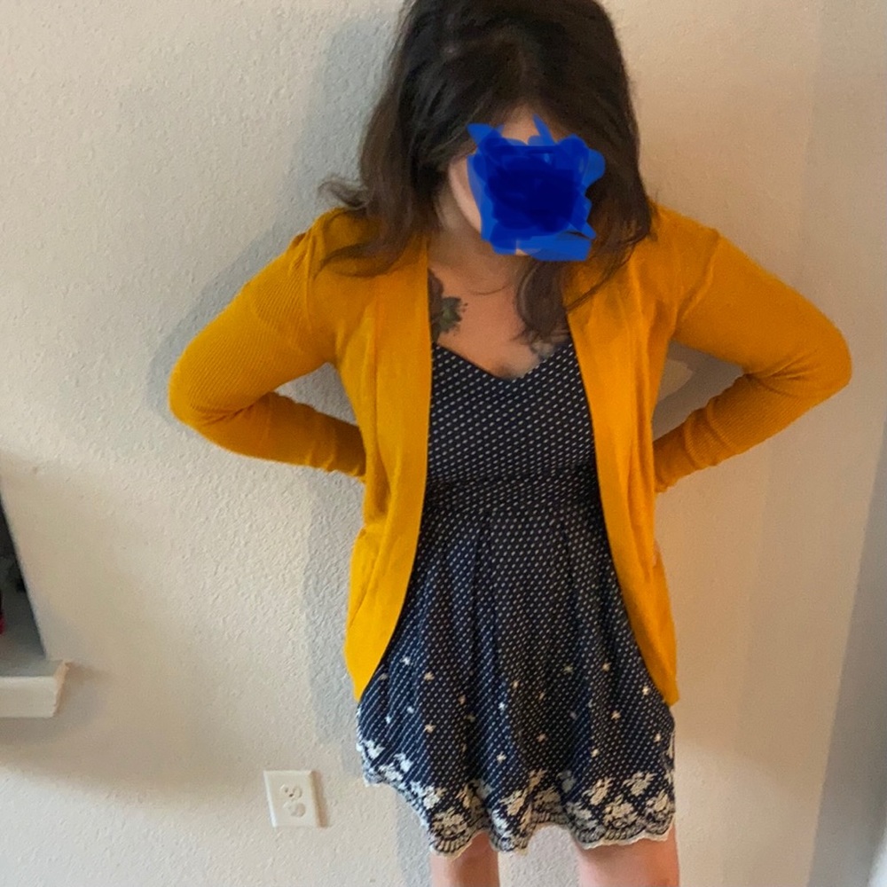 Navy dotted cap sleeve dress AND gold cardigan M bundle vintage